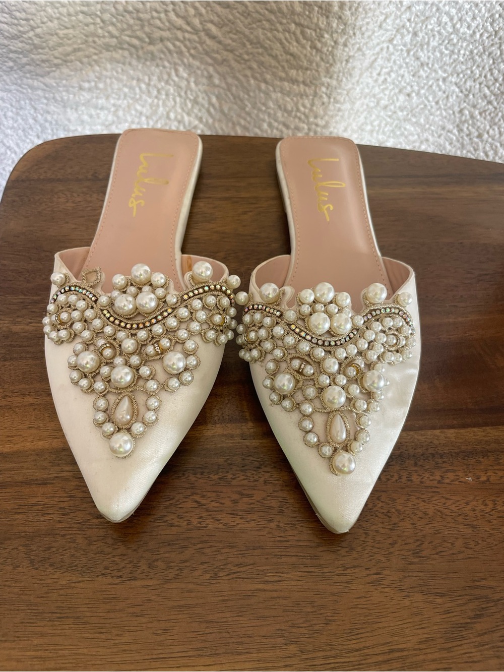 Lulu's Ivory Pearl-Embellished Pointed Slip-On Flats